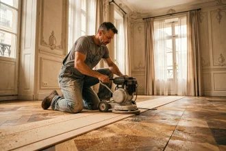 Artisan ponçant un vieux parquet en chêne dans un appartement haussmannien, révélant le bois naturel sous les couches usées