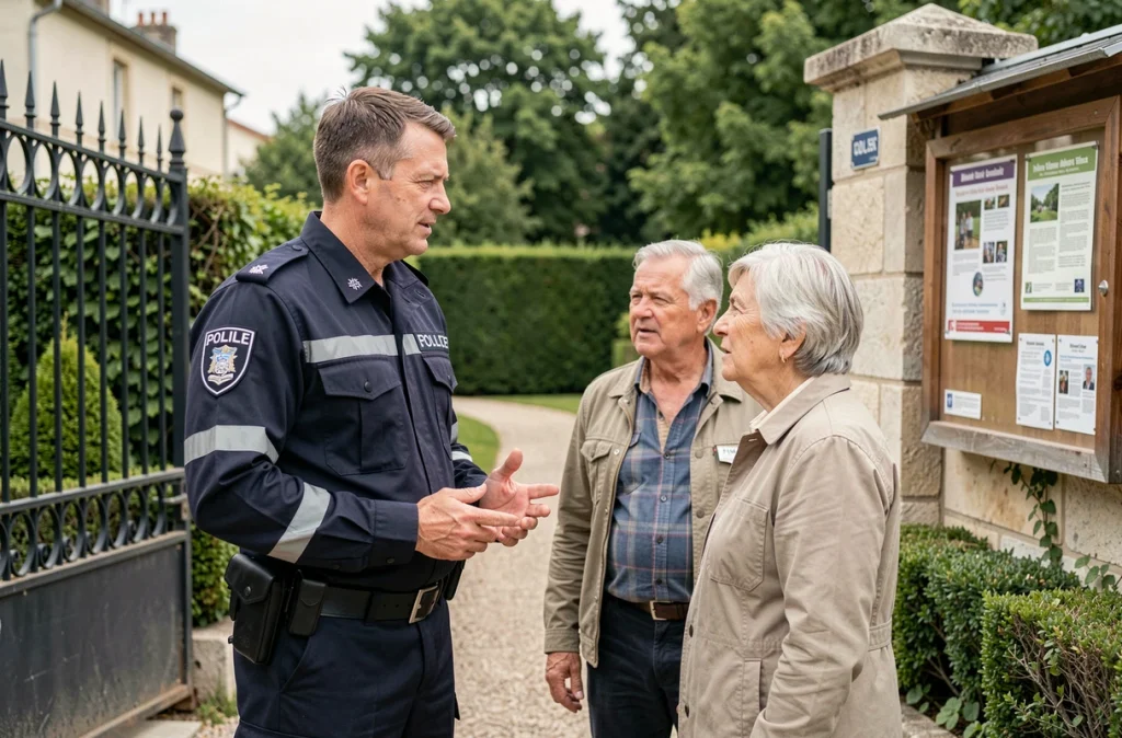 Agent de police municipale en discussion avec des résidents devant un parc de quartier à Nogent-sur-Marne