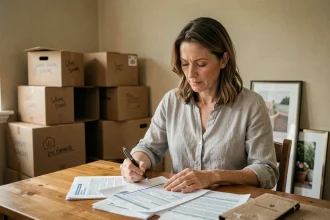 Femme examinant des documents d'assurance habitation entourée de cartons de déménagement dans un appartement en cours de vidage