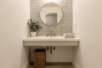 Vasque de salle de bains modernisée avec robinetterie dorée brossée, miroir rond et plante verte, sans travaux lourds