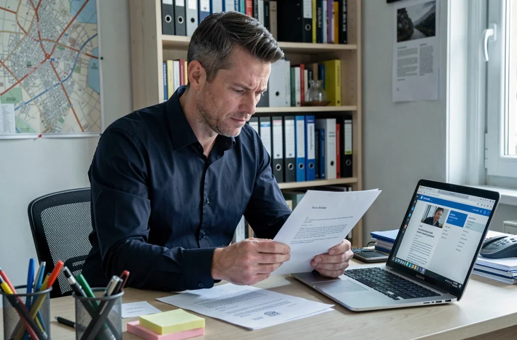 Homme vérifiant l'authenticité d'un courrier administratif en comparant le document avec des informations en ligne