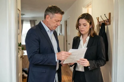 Propriétaire et locataire en discussion à l'entrée d'un appartement lors d'une visite pendant le préavis