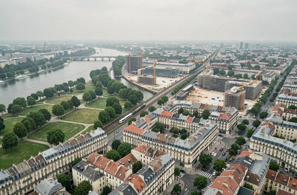 Vue panoramique du quartier d'Alfortville en transformation urbaine avec chantiers de construction et bords de Seine