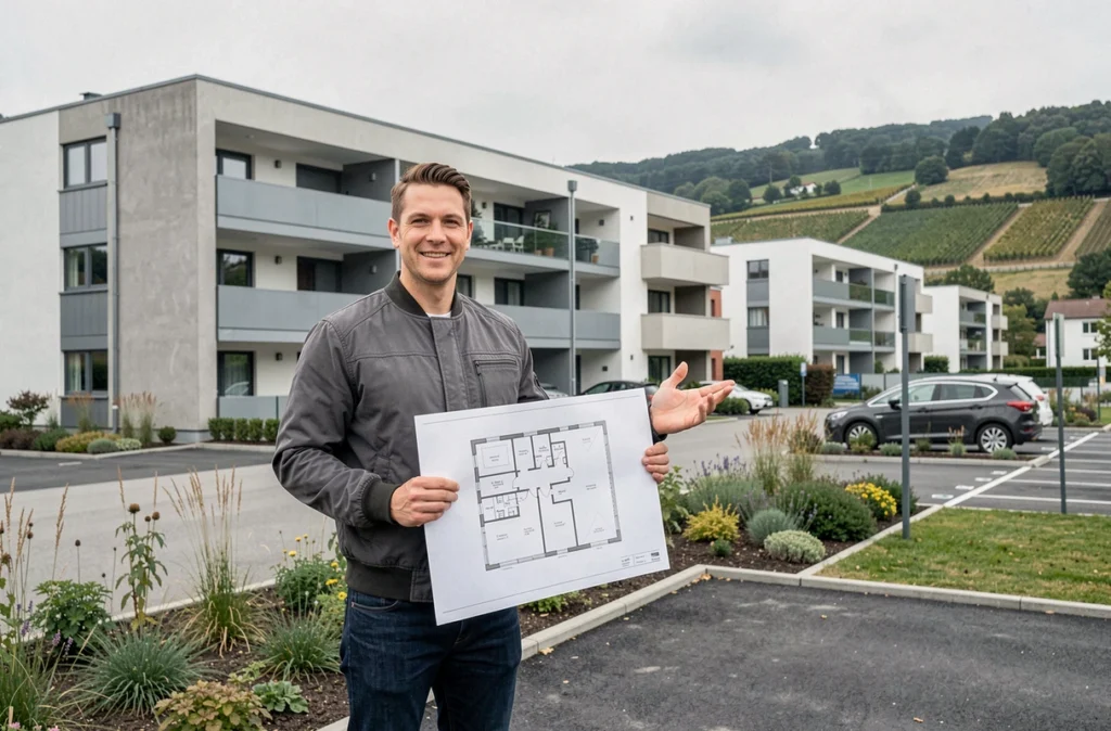 Agent de 4% Immobilier Guebwiller devant une résidence moderne avec un plan de logement