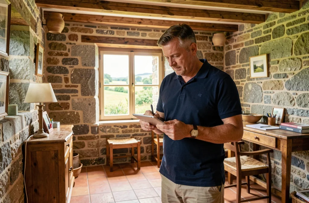 Agent de l'Agence Clos Salomon Sarzeau évaluant une propriété bretonne en pierre pour la gestion locative à l'intérieur d'une maison traditionnelle