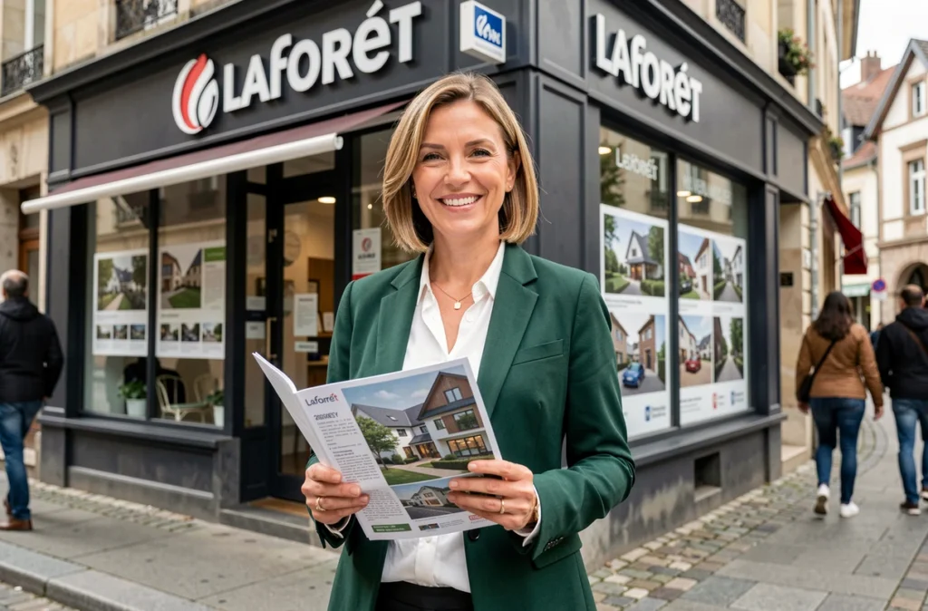 Agente de l'agence Laforêt Colmar devant la vitrine de l'agence avec une brochure immobilière