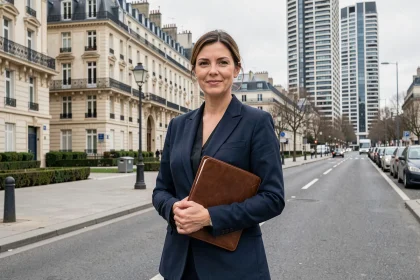 Vue d'ensemble d'une gestionnaire immobilière professionnelle devant des immeubles résidentiels des Hauts-de-Seine, illustrant le thème des agences de gestion locative