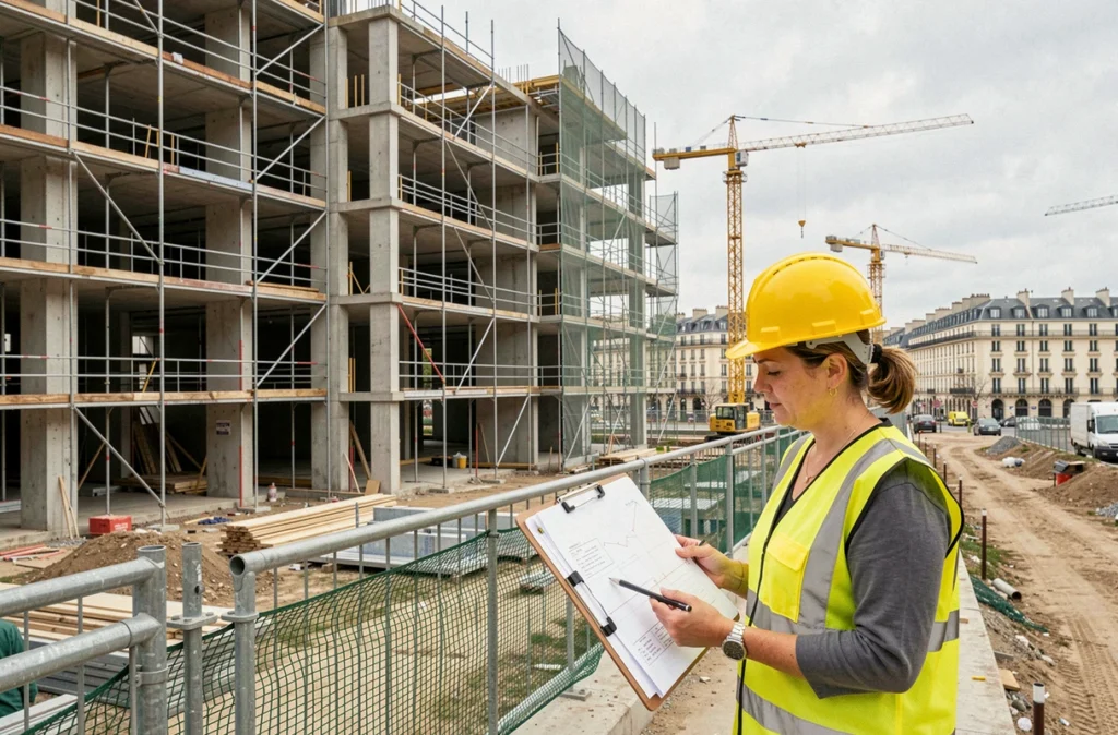 Cheffe de chantier en équipement de sécurité sur un site de construction d'un programme résidentiel représentant Bâti Nantes en Vendée