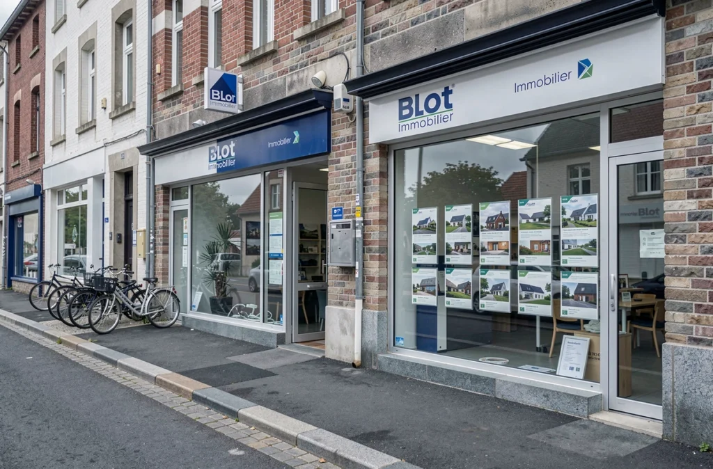 Façades de deux agences Blot Immobilier côte à côte dans une ville bretonne, illustrant leur réseau multi-agences
