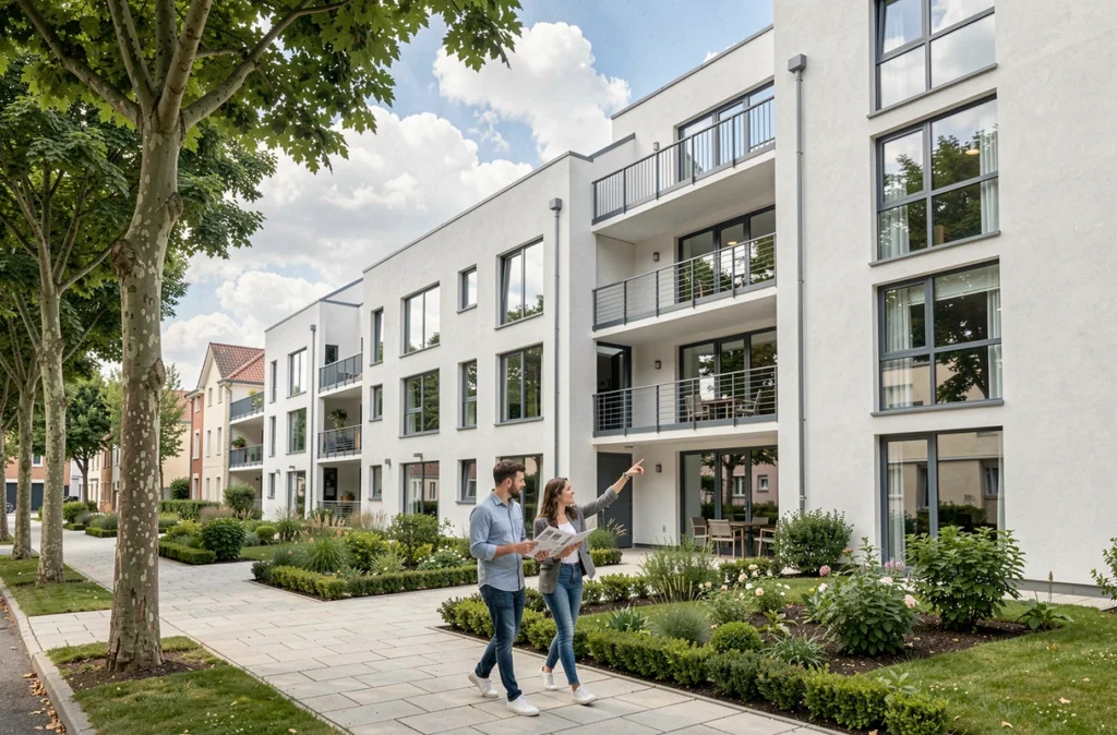 Couple de jeunes acheteurs devant une résidence moderne représentant un programme Bouygues Immobilier en Vendée