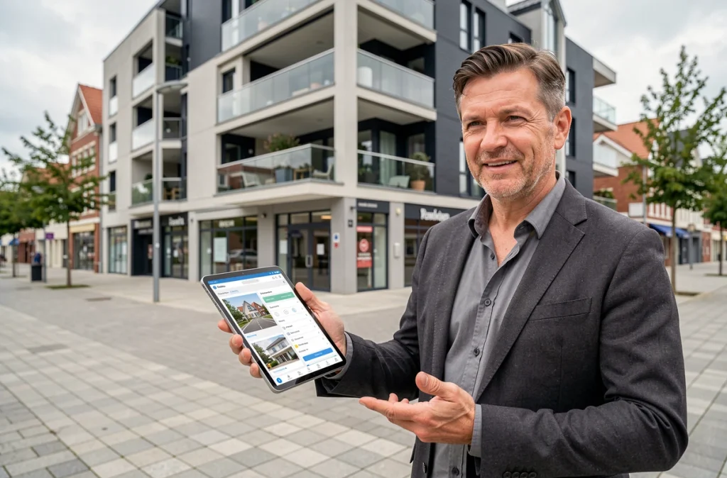 Agent de Celimmo Lorient devant un immeuble résidentiel moderne de Lorient, présentant une interface numérique de gestion locative sur tablette