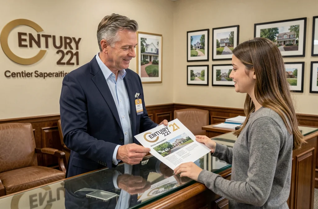 Un agent Century 21 présentant une offre de gestion locative à une cliente dans une agence des Hauts-de-Seine