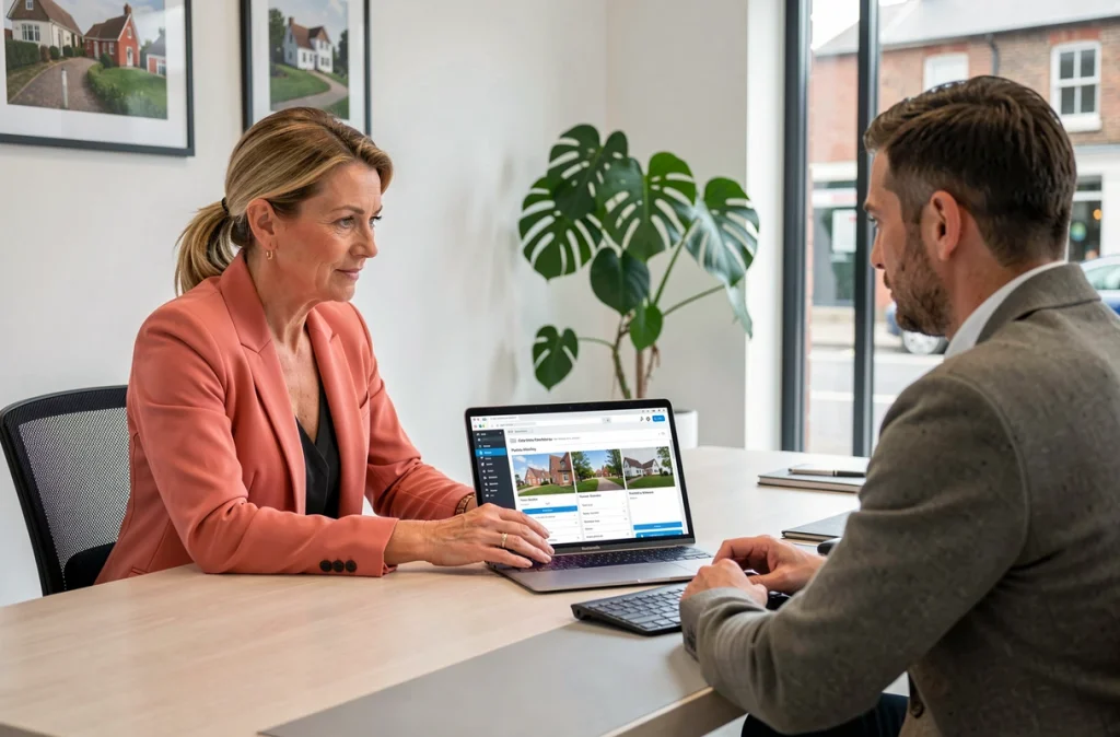 Agente de Christelle Busson Immobilier Pontivy présentant un tableau de bord de gestion locative sur ordinateur à un client dans son bureau moderne