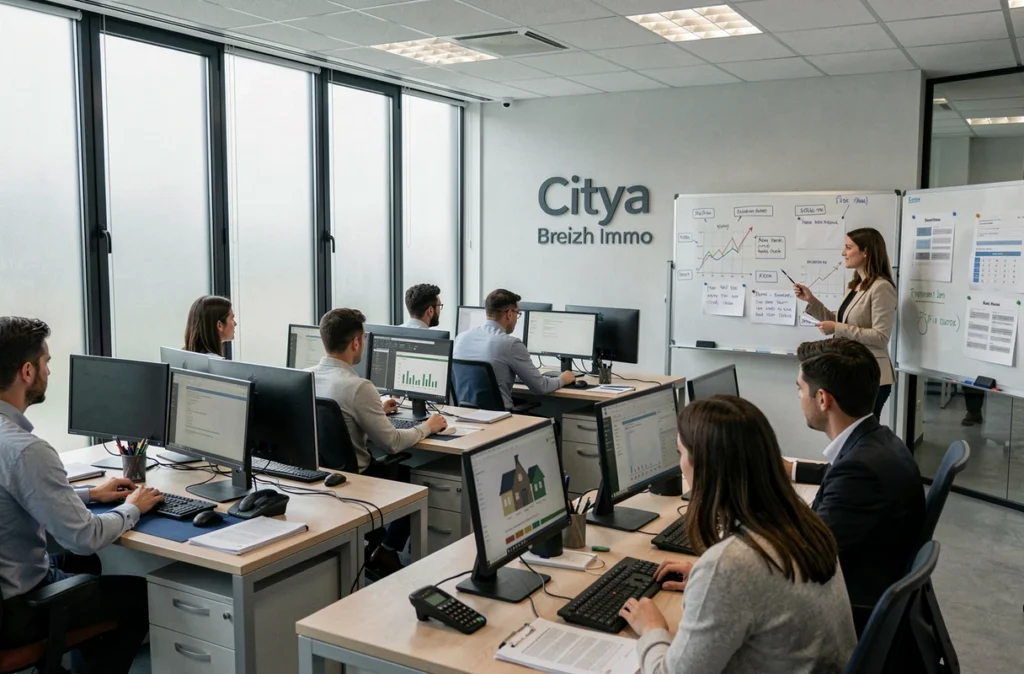 Grande agence Citya Breizh Immo à Rennes avec une équipe de gestionnaires locatifs au travail sur des dossiers