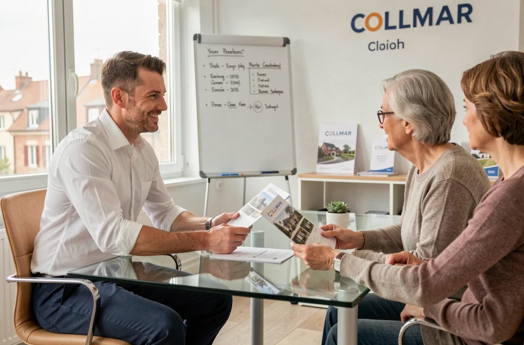 Agent de Colmar Immo en réunion de conseil avec un couple de clients dans les bureaux de l'agence