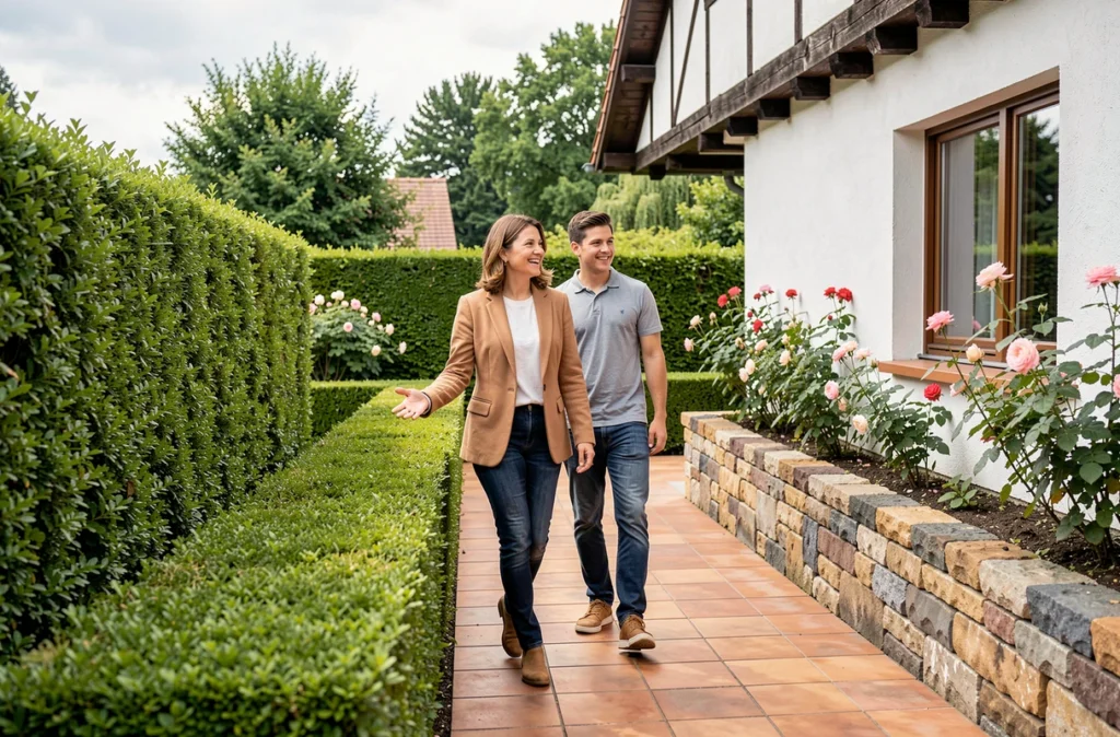 Agente de Desaulles Immobilier accompagnant un couple lors d'une visite de maison alsacienne