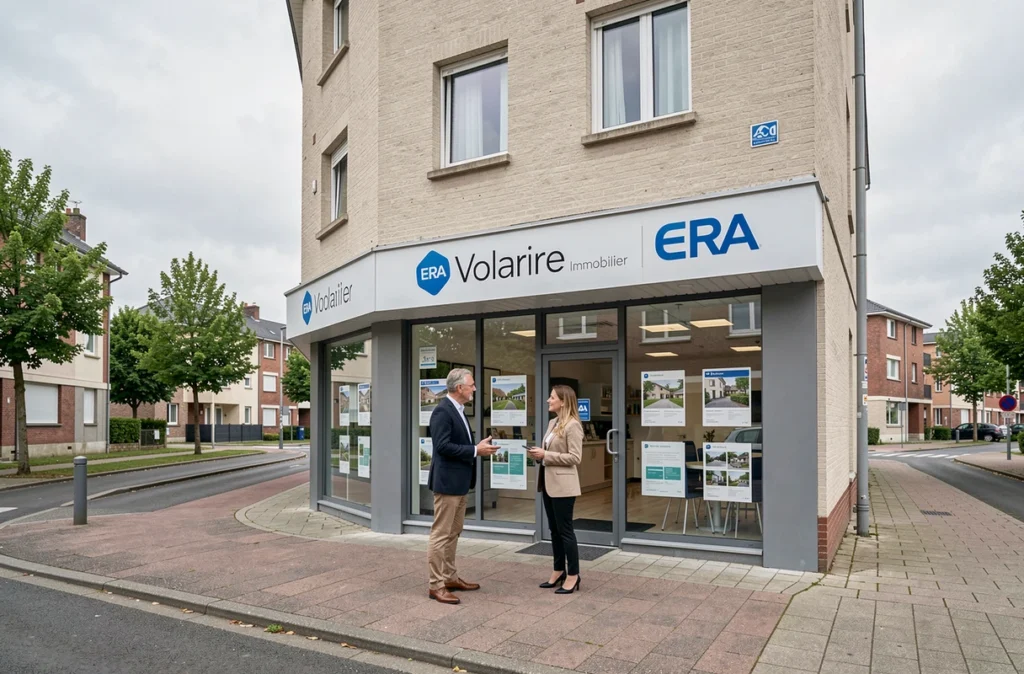 Agence ERA Voltaire Immobilier dans le secteur ouest de la métropole rennaise avec un conseiller et des clients en façade