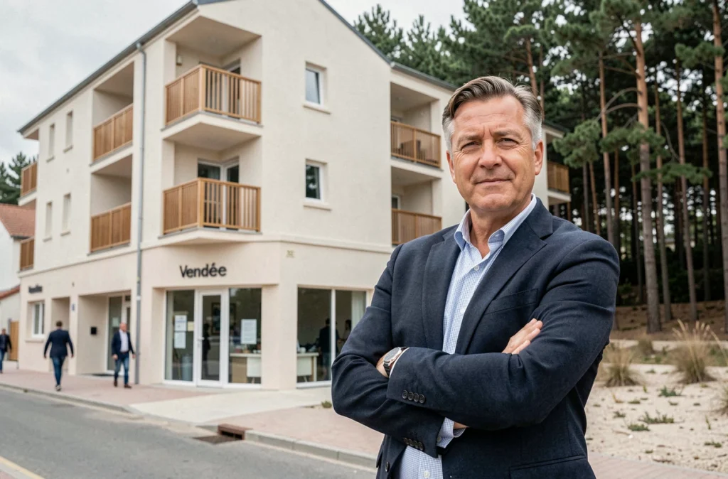 Promoteur immobilier devant un immeuble résidentiel côtier représentant Espacil en Vendée
