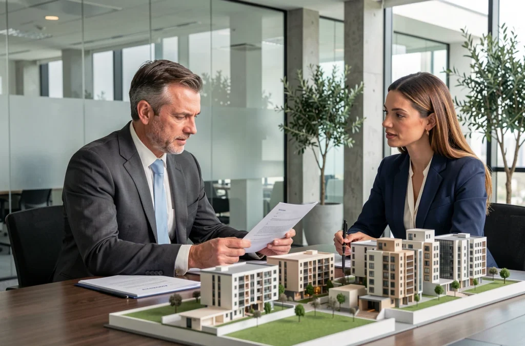 Promoteur immobilier et collègue examinant des maquettes de programmes résidentiels dans les bureaux du Groupe Cisn