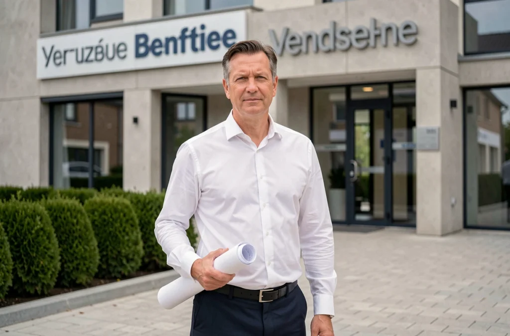 Architecte professionnel devant un immeuble résidentiel neuf représentant le Groupe Duret Immobilier en Vendée
