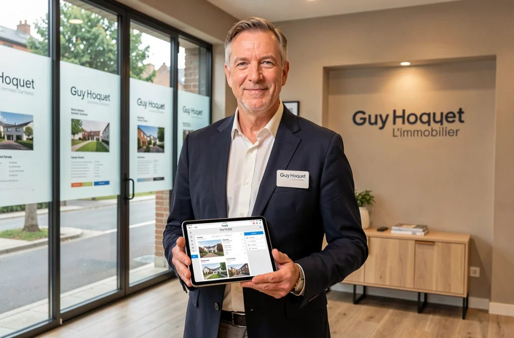 Un gestionnaire de l'agence Guy Hoquet L'Immobilier présentant des services de gestion locative dans une agence des Hauts-de-Seine