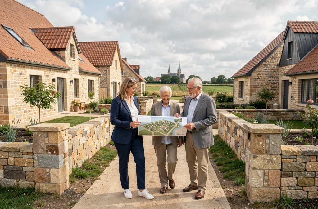 Agent immobilier accompagnant un couple retraité dans un lotissement de villas représentant Hectare en Vendée