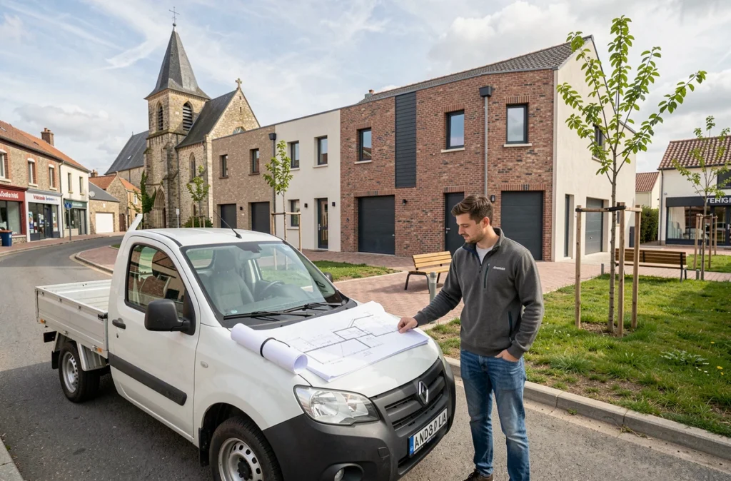 Jeune architecte consultant des plans sur un chantier de maisons de ville représentant Kerwood en Vendée