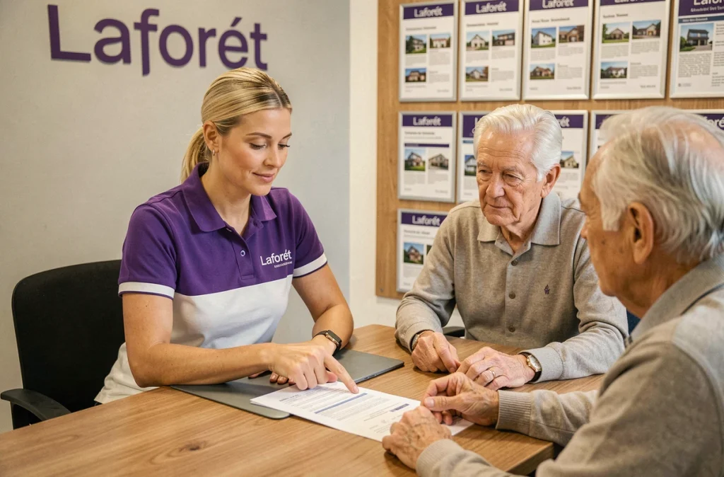 Une conseillère de l'agence Laforêt accompagnant des propriétaires dans la gestion locative de leur bien dans les Hauts-de-Seine