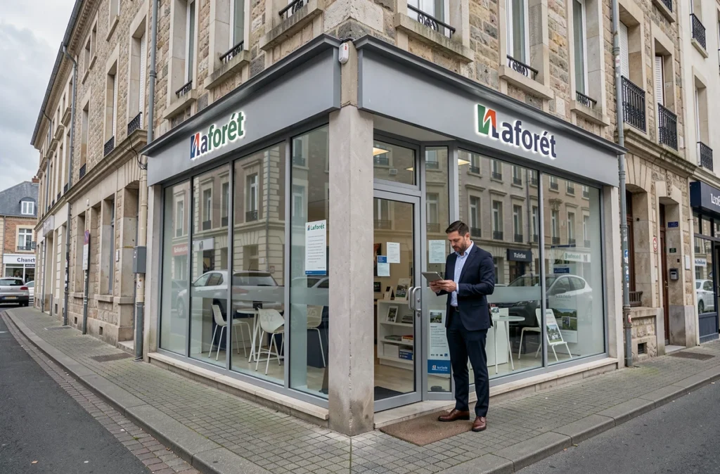 Agence Laforêt Rennes en angle de rue avec son conseiller local, alliant enseigne nationale et ancrage breton