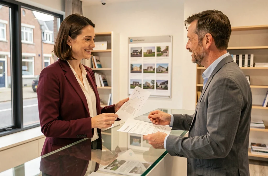 Conseillère immobilière de LE BEC Immobilier Lanester présentant des documents de gestion locative à un client au comptoir de l'agence