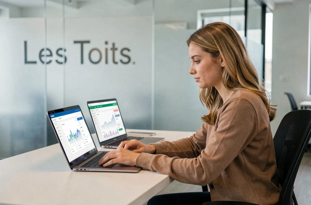 Gestionnaire de l'agence Les Toits utilisant une plateforme digitale de gestion locative depuis un bureau moderne en Bretagne
