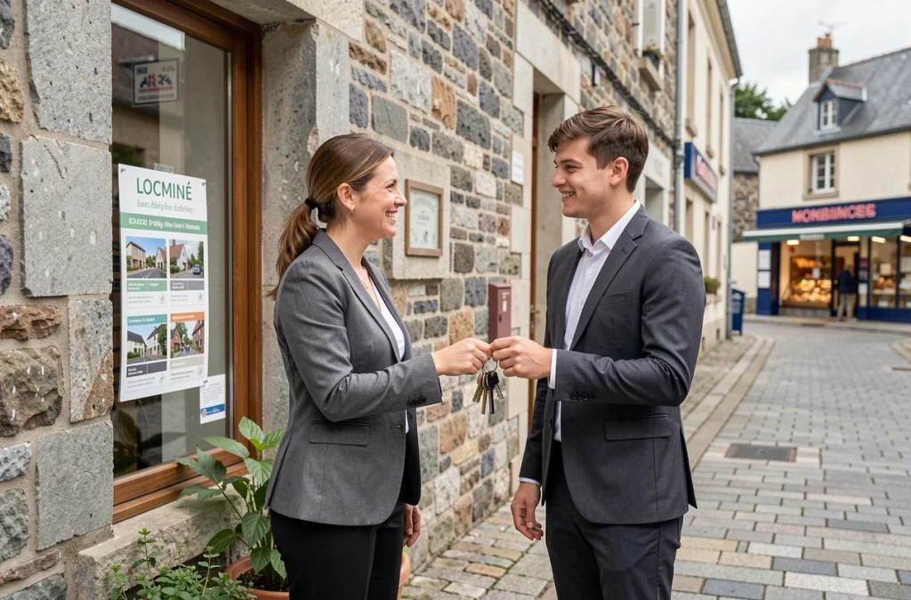 Professionnelle de Locmine Immobilier remettant les clés d'un bien locatif à un couple devant l'agence en pierre bretonne