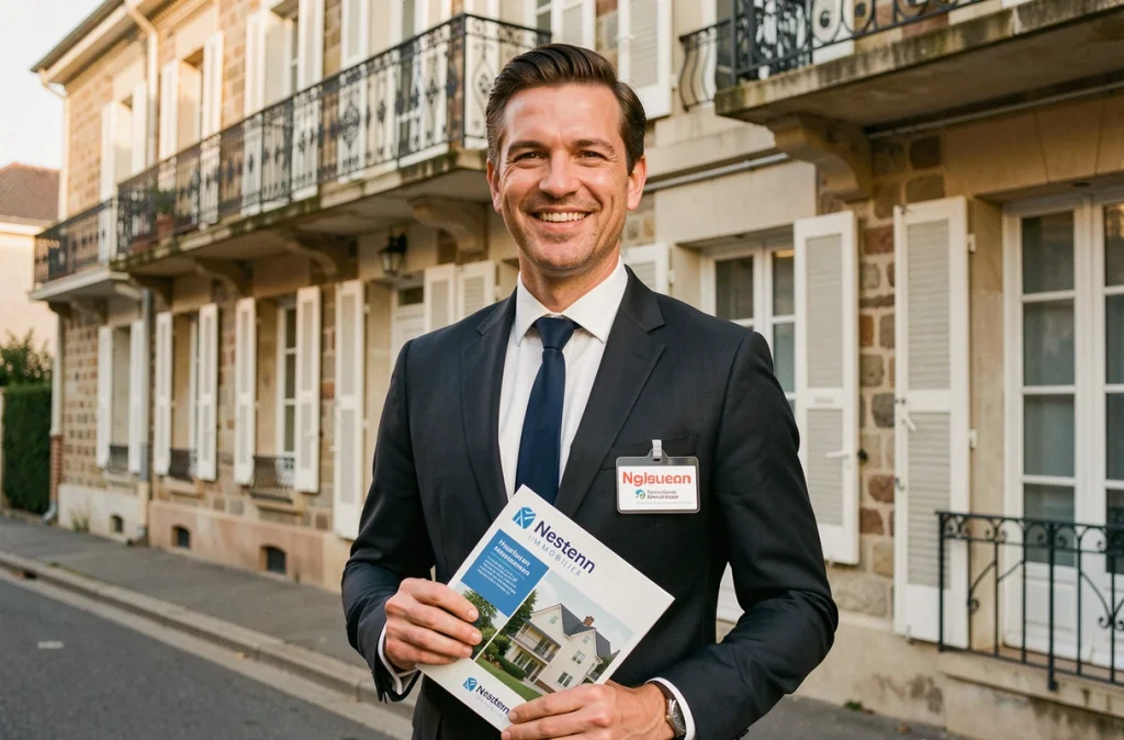 Un agent de l'agence Nestenn Immobilier posant devant un immeuble résidentiel dans les Hauts-de-Seine