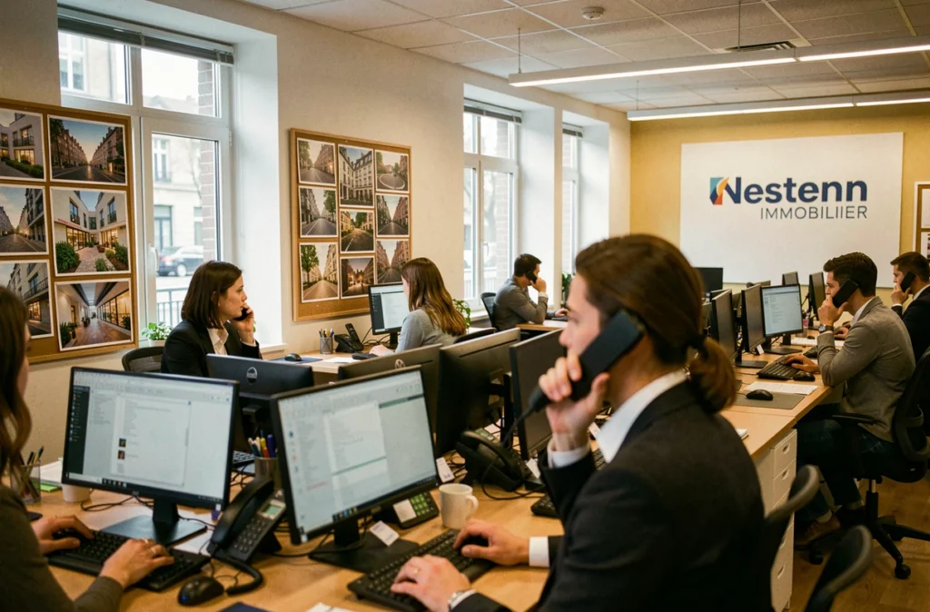 Bureau animé de l'agence Nestenn Immobilier Rennes Centre avec des conseillers travaillant sur des dossiers de location en hypercentre