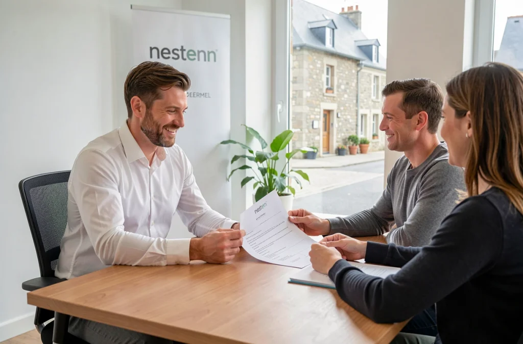 Agent de l'agence Nestenn Ploërmel en rendez-vous avec des clients pour une gestion locative dans le bureau de l'agence
