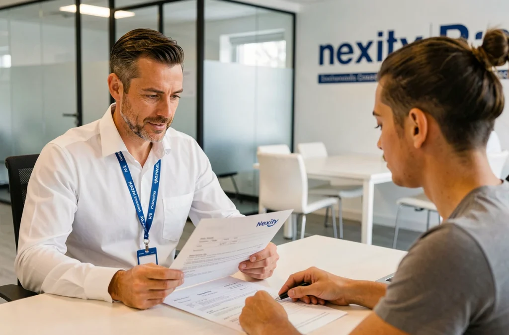 Un conseiller de l'agence Nexity Gestion Locative accompagnant des clients dans la signature d'un contrat de location