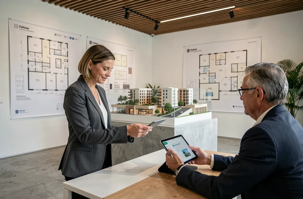 Conseillère immobilière présentant un programme résidentiel Nexity à un client dans un espace de vente moderne