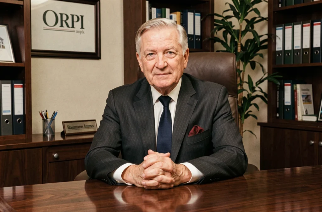 Directeur d'Orpi Baumann Immo Colmar assis à son bureau dans les locaux de l'agence