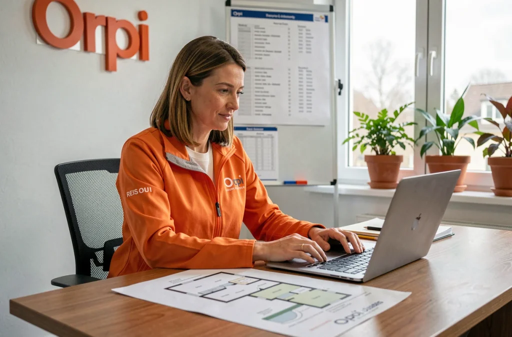 Une conseillère de l'agence Orpi analysant des dossiers de gestion locative dans une agence des Hauts-de-Seine