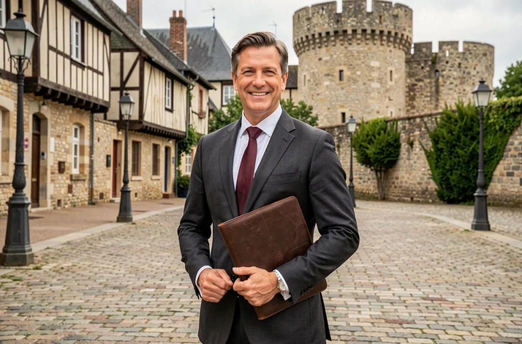 Agent Orpi Vannes Centre en costume devant les remparts historiques de Vannes, représentant une agence de gestion locative établie dans le Morbihan