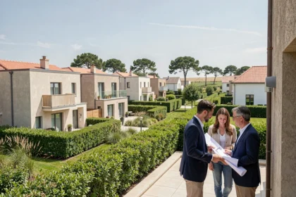 Vue panoramique d'un quartier résidentiel neuf en Vendée avec un agent immobilier présentant des plans à un couple sur une terrasse extérieure