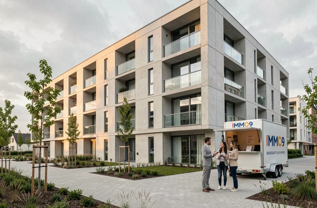 Immeuble neuf à Rennes avec un conseiller IMMO9 présentant un programme immobilier neuf à des acquéreurs