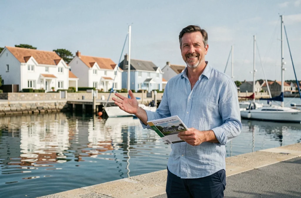 Agent de Square Habitat La Trinité-sur-Mer sur le port breton avec des brochures de location, agence de gestion locative côtière