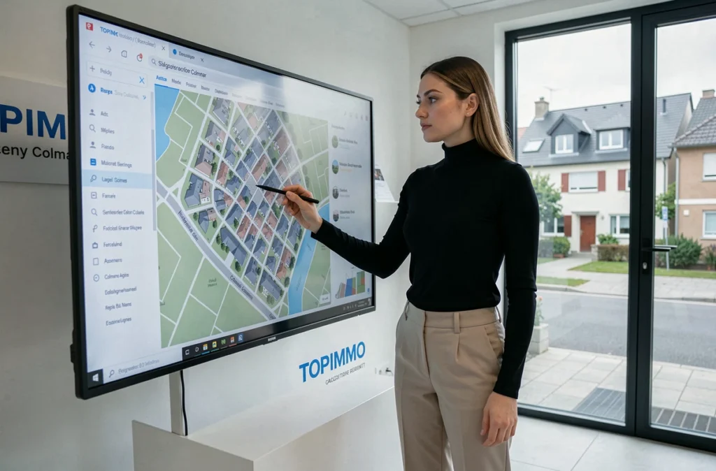 Agente de TOPIMMO Colmar Sud présentant une carte de propriétés sur écran interactif