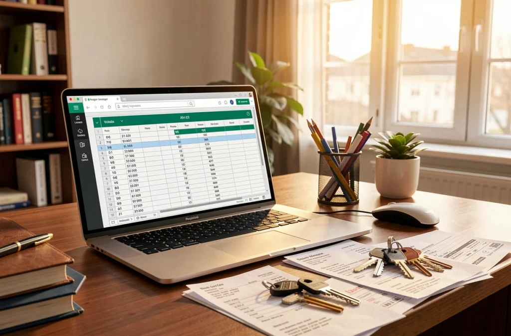 Bureau de gestion locative avec ordinateur, quittances et clés