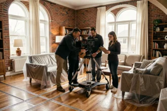 Équipe de tournage professionnelle installant du matériel cinéma dans une maison résidentielle louée pour un film
